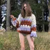 영감을받은 색상 차단 된 두꺼운 풀오버 여성 긴 랜턴 소매 O 넥 스웨터 여성 새로운 크리스마스 스웨터 210412