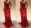 Elegante rode lange avondjurken 2021 Sweetheart Mermaid Formal Prom Dress met Slit Sweep Trein Rits Zijde Split Evening Jassen Satijnen Boog