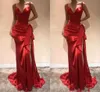 Lange elegante rode jurken 2021 Sweetheart Mermaid Formele prom -jurk met spleetveg trein Zipper Side Split -avondjurken Satijnen boog