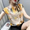 Корейский стиль летние моды женщины отключить воротник с короткими рукавами кошка печать шифоновые рубашки женские повседневные топы рубашка 210428