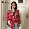 Fanieces Outono Mulheres Vintage Vermelho Padrão Imprimir Blusas Praia Casual Femininas Femininas Manga Longa Streetwear Tops Drop 210520