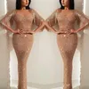 2021 Rose Gold Arabiska Sexiga Bling Sequins Lace Prom Klänningar Illusion Juvel Neck med Tassels Mermaid Sequined Golv Längd Formell Aftonklänningar