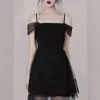 Yaz Zarif Mesh Patchwork Siyah Elbise Kadın Spagetti Sapanlar Balo Elbiseler Bodycon Tül Vestidos 210514