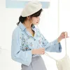 Mulheres vintage flores bordadas blusa outono moda casual denim azul camisas femininas tops 210520