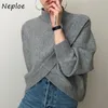 Chic oregelbunden criss-cross halvhög krage pullovers koreanska lösa solida färg toppar långärmad stickade tröjor kvinnor 210422