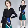 Elegant O-Neck Long Sleeve Women Vintage Print Patchwork Pleated Midi Autumn Female Ethnic Retro Belt Dress 210416