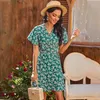 Summer V-neck A-Line Dress For Holiday Boho Short Sleeve Printed Dress Fashion Butterfly Sleeve High Waist 210712