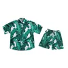 Повседневный костюм Мужские Гавайские пляжные Летние Наборы Одежда Одежда Обращающиеся Ошейники Пальмовые Листья Печатные Рубашки + Шорты Мода Мужская Set X0610