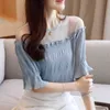 Korean Style Mesh Off-Shoulder Tops Sex Hollow Out Office Lady Shirt Chiffon Blouse Woman Short Sleeve Solid Color 9024 50 210508