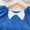 2021 kids clothing Lovely dress O-neck With Bow short sleeve Denim Blue 100% cotton girl Child elegant ins dresses