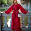Vintage vin röd ruffles klänning kvinnor o-neck långärmad hög midja bälte båge ruched chiffong kvinnlig elegant fest 210603