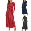 Robes décontractées Design de mode Femmes à manches longues O Cou Rayé Flowy Maxi Robe avec poches Quotidien Féminin