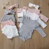 Baby Girls Roupas Sets Kids Summer Long Fly Manga Macacão Headband Roupa de Algodão Sólido Jumpsuits Calcinhas Calcinhas Briefs Hairband Suites Zyy968