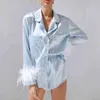 Restve Feathers Pajamas Women 2 Piece Set Long Sleeve Turn Down Collar Top Pockets Autumn Casual Night Suits With Shorts Satin 211112