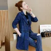 خندق معطف المرأة الأزرق الداكن M-5XL زائد الحجم 20 ربيع الخريف الكورية الأزياء سليم التطريز الدينيم واقية الأنثوية feminina LR851 210531