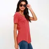 Été couleur unie col en V poche à manches courtes t-shirt femmes décontracté ample Streetwear plage grande taille Homewear hauts 210603
