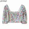 Sweet Women Floral Print Holiday Boho Top Sexy V-hals Puff Sleeve Crop Blusas Mujer Fashion Summer S 210514
