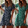Boho Floral Print Ruffles Women Dress Summer Sexy V Neck Short Sleeve A Line Chiffon Mini Dresses Beach Vacation Sundress 210426