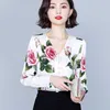 Arrivée Designer Rose Fleur Floral Noeud Papillon Col Élégant Femmes Bureau Travail Blouse Blusas Femme Top Chemises Plus La Taille 210529