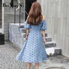 Elegant Vintage French Women Dress Polka Dot Printed Korean Slash Neck Short Sleeve Dresses Lady Summer Vestidos Party 210506