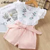 Melario, trajes casuales para niñas, nuevos conjuntos de ropa con estampado de punto para niños de verano, camiseta blanca para niños, pantalones cortos, 2 piezas, ropa, trajes con lazo 210412