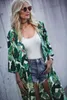 Grön Boho Leaves Printed Chiffon Tunic Plus Size Sexig Beach Wear Kimono Kläder för Kvinnor Kaftan Cover Up A800 210420