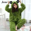 Jielur Warme Frauen Pyjama Sets Winter Dame Langarm Hemd + Hosen Hause anzug Mit Kapuze Cartoon Druck Dicke Pijama feminino 211112