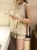 Summer Solid Women's Cotton Linen Shorts Set Casual Green O Neck Sleeveless Vest Top Fashion Two Piece Female 210514