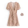 Elegante abito da sera con stampa floreale Summer Women Scollo a V Wrap Mini manica corta Vintage Boho es con fascia 210515