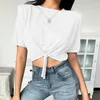 Kobiety Casual Topy Bawełniana Koszulka Lato Wysoka Talia Podkładka Ramska Z Krótkim Rękawem Wiązany Top High Street Podstawowe stałe ubrania mody 210422