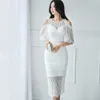 Koronkowa sukienka dla kobiet Korea Letnia załoga Neck Hollow Out Damskie Seksowne Biuro Bodycon Sukienki 210602