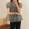 Sweet Retro Pink O Neck Puff Short Sleeve Floral Print Blouse Women Tops Ruffled Hem Blusas Mujer De Moda Daisy Shirt Chic Korea 210610