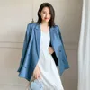 女性のための青いサテンのブレザーのための薄い夏のカジュアルベルトの緩いフィッティング長袖スーツジャケットのBleizer de Mujer 210608