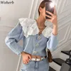 Eleganta toppar kvinnor denim skjorta spets docka krage koreansk stil mode blus beskuren vintage bluses blusas 210519