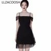 Été élégant maille Patchwork robe noire femmes bretelles Spaghetti robe de bal robes moulante Tulle Vestidos 210514