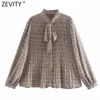 Zevity Kobiety Vintage Bow Miste Stand Collar Plaid Drukuj Plisowane Kimono Koszulki Retro Lady Bluzka Roupas Chic Femininas Topy LS7395 210603 \ t