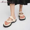 Meotina Flip Flop Slippers Damesschoenen Lederen Sandalen Wiggen Med Heel Slides Vierkante Teen Dames Schoenen Zomer Beige 41 210608