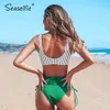 SEASELFIE Sexy White Floral and Green Bikini Sets Swimsuit Two Pieces Lace Up Biquini Swimwear Women Beach Bathing Suit 210407