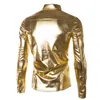 Night Club Wear Mens Sukienka Koszulki Slim Fit Shiny Gold Coated Metallic Mężczyźni Z Długim Rękawem Przycisk Doda Disco Party 210626