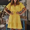 Sexy V Neck Wzburzyć Letnia Sukienka Kobiety Casual Kwiatowy Drukuj Butterfly Krótki Rękaw Suknie Eleganckie Femme Lace Up Beach Dress 210507