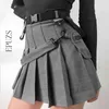 Vintage Belt black Pleated skirts womens pocket high waist Streetwear office mini korean faldas 210521