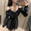 Gotik Siyah Elbise Kadınlar Casual Düğme Dantel Akşam Parti Seksi Mini Elbise Kadın Uzun Kollu Tek Parça Elbise Kore 2020 Sonbahar Y0603