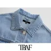 TRAF Moda Moda Luva Amplo Cropped Jeet Denim Casaco Casaco Vintage Lapela Collar Patch Pockets Feminino Outerwear Chique Tops 210415