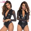 Noir Mesh Manches Longues Faux Cuir Body Zipper Femmes Plus La Taille 4XL PU Corps Feminino Sexy Clubwear Parti PVC Bodys Combinaisons Femmes