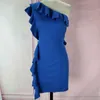 Bleu Mini Robes Une Épaule Parti Volants Sexy Femmes Dîner Clubwear Dames Slim Tuniques Femme Paquet Serré Hanche Élégant Robes 210416