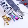 Creative Titanium Plated Portable Tableware 5-piece Colorful colors 304 Stainless Steel Spoon Chopsticks Set Straw Combination