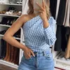 Women Stylish One Shoulder Blue Plaid Shirts Summer Fashion Ladies Vintage Slim Button Tops Y2K Girls Chic Shirt Cute 210430