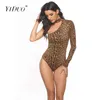 Yiduo moda animal serpente impressão mulheres clube festa bodysuit manga longa gargantilha halter um ombro apto sexy bodysuits leopardo y0927