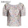 Print Floral Patchwork Ruffle Blouse voor Dames O Neck Short Puff Sleeves Blouses Vrouwelijke Zomer Mode 210524