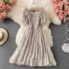 Summer A Line Puff Sleeve High Waist Mid-Calf Elegant Women Dresses Vintage Floral Print Dress 210430
